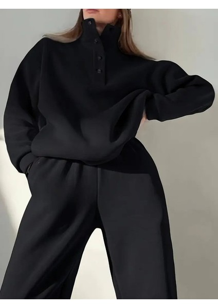 Kadın Uzun Kollu Balıkçı Dik Yakalı Düğmeli Üç Iplik Bluz ve Pantolon Ikili Takım modelleri