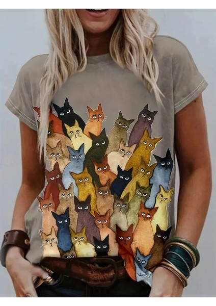Kadın Kısa Kollu Bisiklet Yaka Kedi Desenli Süprem Bluz modelleri