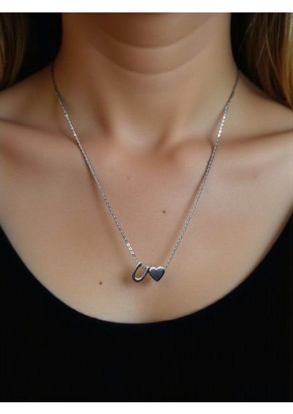 U Harfi 316L Paslanmaz Çelik Zincir Gümüş Kaplama Kolye Hediye Kalp Sevgili Eş
