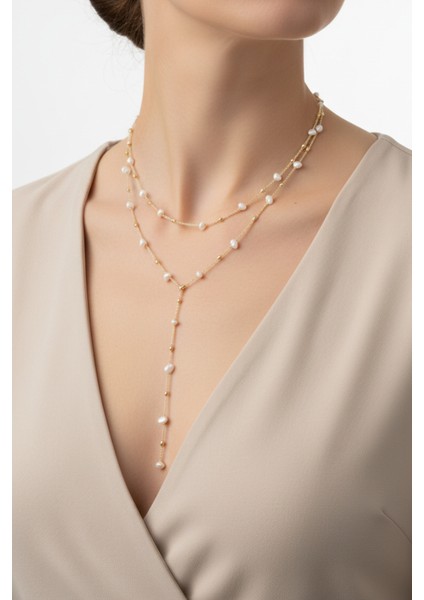 Kadın Tasarım Çelik Topçuk Tasarım Boncuk Uzun Zarif Şık Zincir Model Dekolte Trend Y Kolye Gold