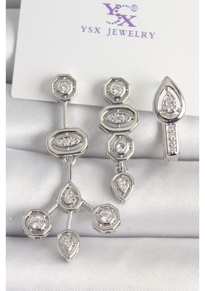 Pirinç Gümüş Renk Zirkon Taşlı Geometrik Model 3'Lü Kadın Kombin Küpe - TJ-BKP10434