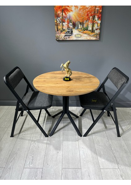 Aras Ceviz 2 Kişilik Yuvarlak Mutfak Yemek Masası Takımı 2+1 Keten Gri 80 cm