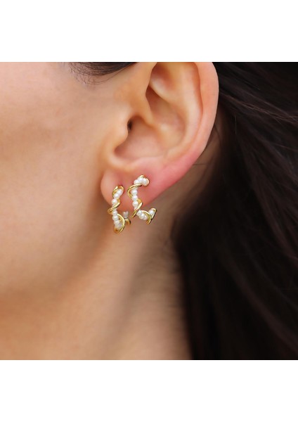 İnci Burgulu Gold Kaplama Gümüş Halka Küpe modelleri