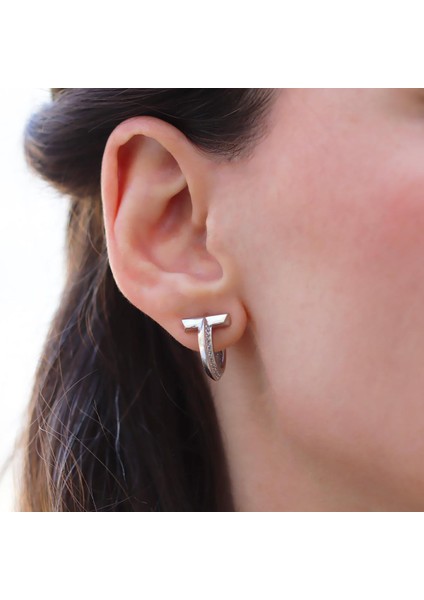 Yarı Taşlı T Halka Gümüş Küpe