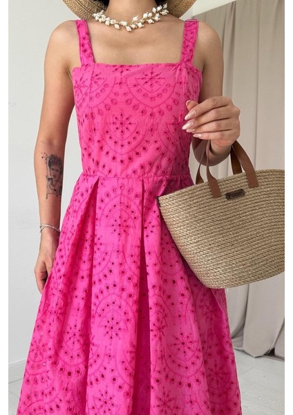Fuşya Askılı Aparatlı Brode Elbise modelleri