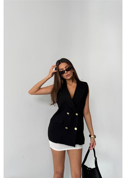 Gold Düğmeli Keten Yelek - Siyah