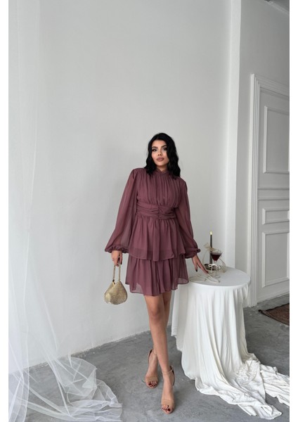 Şifon Katlı Uzun Kol Elbise - Pudra fiyatları