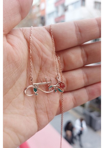 925 Ayar Gümüş Rose Altın Kaplama Isimli Karanfil Kolye