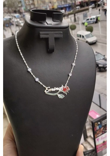 925 Ayar Gümüş 4 Nazar Boncuklu Isimli Gül Kolye