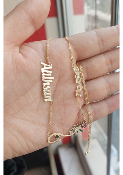 925 Ayar Gümüş 24 Ayar Altın Kaplama 2 Isimli Karanfil Figürlü Kolye