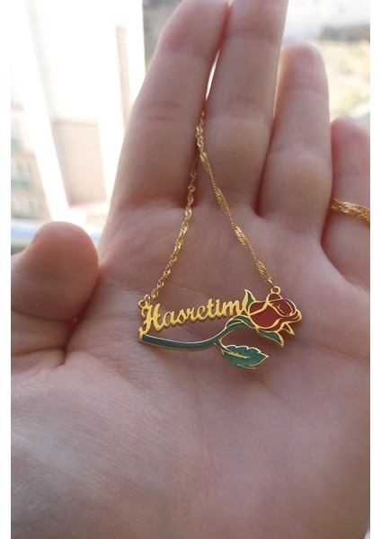 925 Ayar Gümüş 24 Ayar Altın Kaplama Isimli Gül Kolye