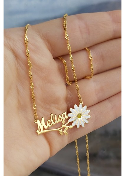 925 Ayar Gümüş 24 Ayar Altın Kaplama Isimli Papatya Kolye