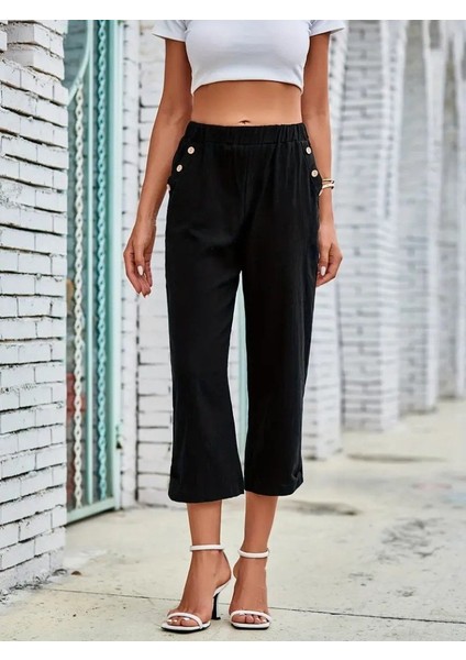 Kadın Beli Lastikli Düğme ve Cep Detaylı Kapri Ithal Keten Pantolon modelleri