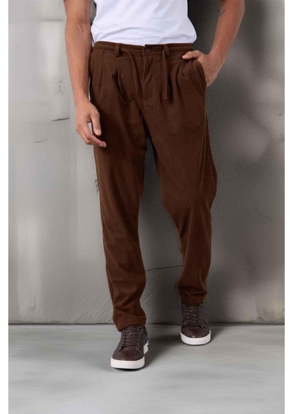 Roy Regular Fit Beli Lastikli Fitilli Kadife Kumaş Fermuarlı Jogger Erkek pantolon - Kahve