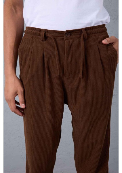 Roy Regular Fit Beli Lastikli Fitilli Kadife Kumaş Fermuarlı Jogger Erkek pantolon - Kahve fiyatları