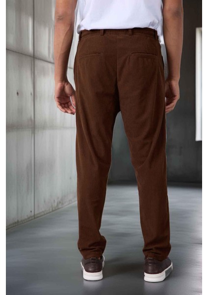 Roy Regular Fit Beli Lastikli Fitilli Kadife Kumaş Fermuarlı Jogger Erkek pantolon - Kahve