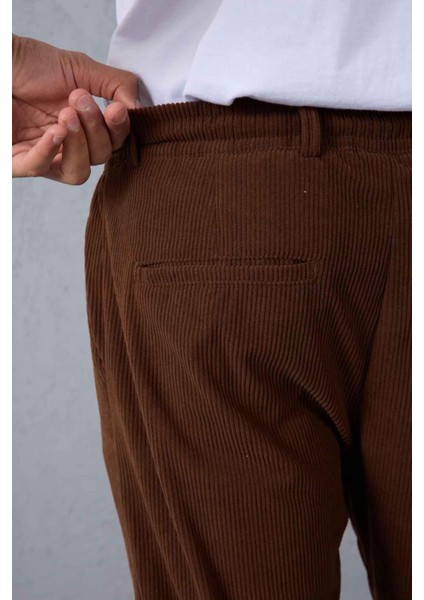 Roy Regular Fit Beli Lastikli Fitilli Kadife Kumaş Fermuarlı Jogger Erkek pantolon - Kahve