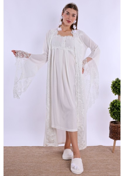 Ekru Sabahlıklı Hamile Lohusa Gecelik Takım