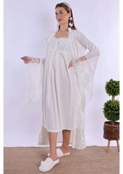 Ekru Sabahlıklı Hamile Lohusa Gecelik Takım modelleri