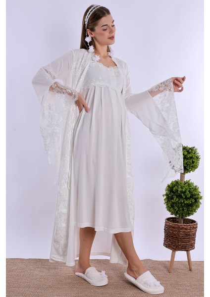 Ekru Sabahlıklı Hamile Lohusa Gecelik Takım