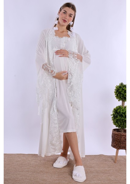 Ekru Sabahlıklı Hamile Lohusa Gecelik Takım
