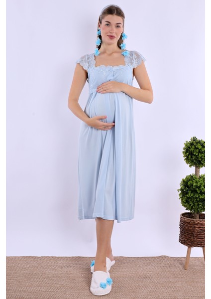 Mavi Sabahlıklı Hamile Lohusa Gecelik Takım indirimleri