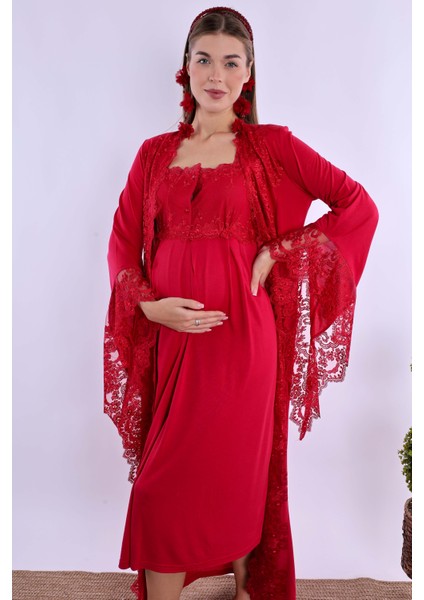 Vişne Sabahlıklı Hamile Lohusa Gecelik Takım