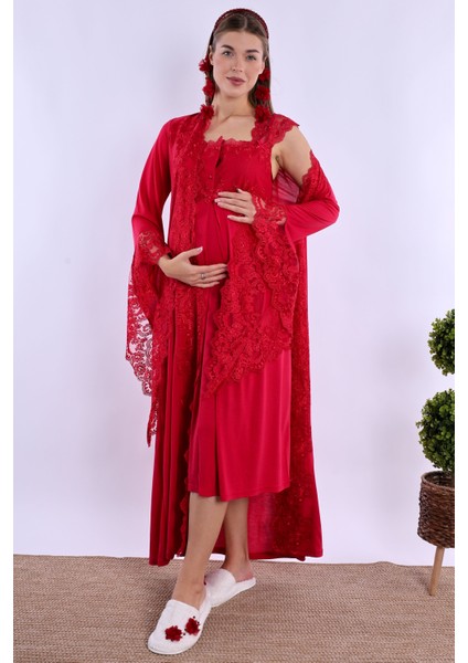 Vişne Sabahlıklı Hamile Lohusa Gecelik Takım