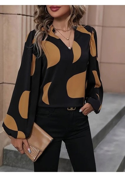 Kadın Uzun Kollu V Yakalı Desenli Modal Bluz
