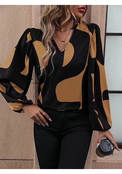 Kadın Uzun Kollu V Yakalı Desenli Modal Bluz modelleri
