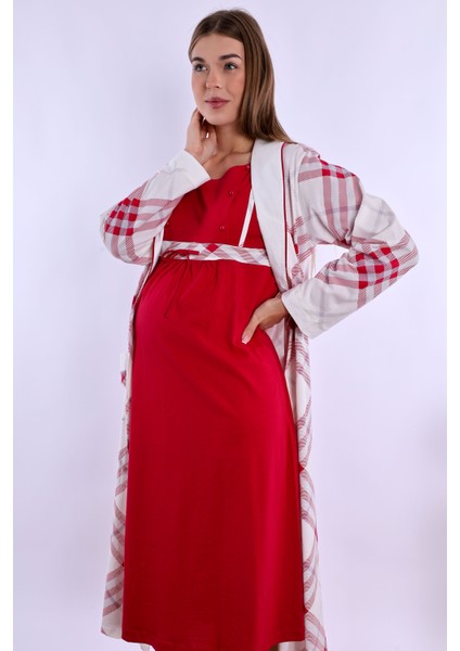 Vişne %100 Pamuk Sabahlıklı Hamile Lohusa Gecelik Takım