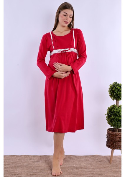 Vişne %100 Pamuk Sabahlıklı Hamile Lohusa Gecelik Takım fırsatları