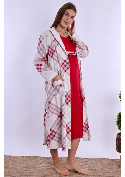 Vişne %100 Pamuk Sabahlıklı Hamile Lohusa Gecelik Takım