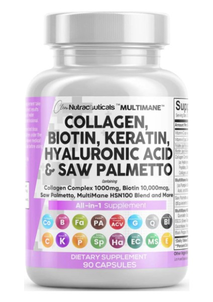 Collagen Pills 1000 mg Biotin 10000MCG Keratin Hyaluronic - Hair Skin & Nails Dht Blocker 90 Caps