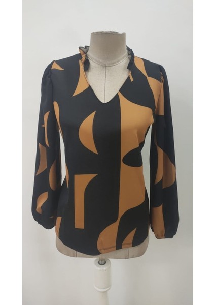Kadın Uzun Kollu V Yakalı Desenli Modal Bluz