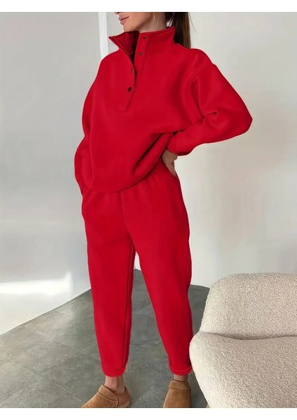 Kadın Uzun Kollu Balıkçı Dik Yakalı Düğmeli Üç Iplik Bluz ve Pantolon Ikili Takım