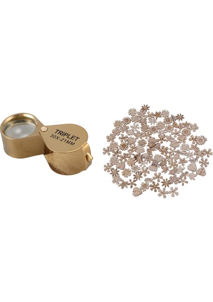 1 Pcs 30X Güç 21MM Katlanabilir Altın Büyüteç Cam ve 100 Pcs Ahşap Diskler Dilimler Çiçek Şekli Bitmemiş Kesikler Zanaat (Yurt Dışından)