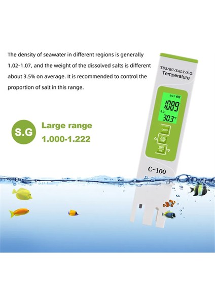 5 In-1 Tds/ec/tuzluluk/s.g./sıcaklık Tuz Ölçer Yüzme Havuzları Için Dijital Deniz Suyu Kalite Test Cihazı (Yurt Dışından) modelleri