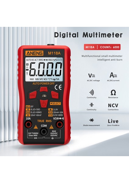 Aneng M118A Mini Dijital Multimetre Dayanıklı Otomatik Gerçek Rms Test Cihazı 6000 Sayısı Otomatik Araç Ac/dc Transistör Voltaj Ölçer (Yurt Dışından) fırsatları