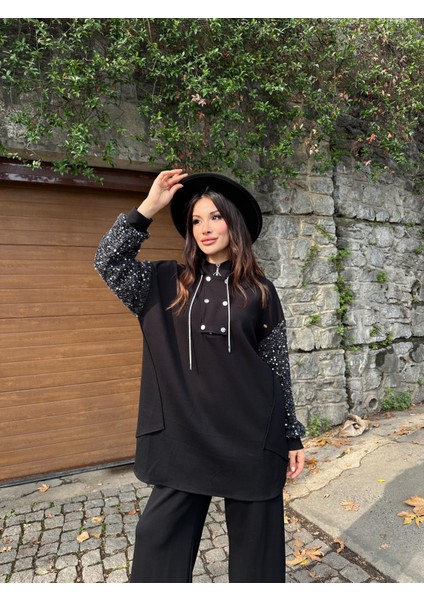 Kadın Siyah Payetli Kol Detaylı Uzun Tunik Kazak Yarım Fermuarlı Bol Kesim