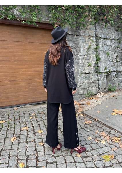 Kadın Siyah Payetli Kol Detaylı Uzun Tunik Kazak Yarım Fermuarlı Bol Kesim fiyatları