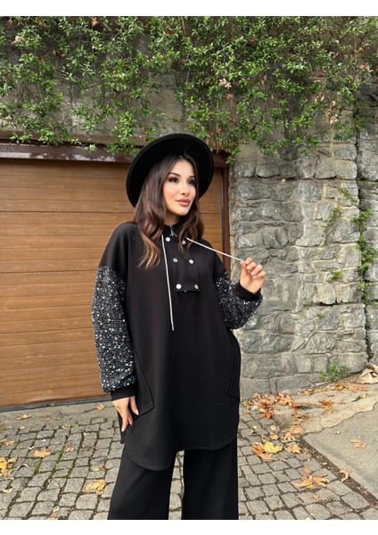 Kadın Siyah Payetli Kol Detaylı Uzun Tunik Kazak Yarım Fermuarlı Bol Kesim modelleri