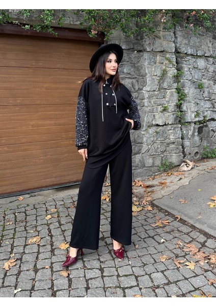 Kadın Siyah Payetli Kol Detaylı Uzun Tunik Kazak Yarım Fermuarlı Bol Kesim fırsatları
