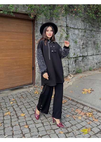 Kadın Siyah Payetli Kol Detaylı Uzun Tunik Kazak Yarım Fermuarlı Bol Kesim indirimleri