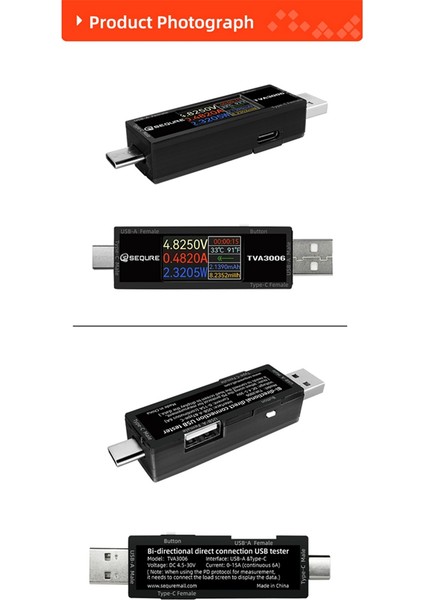 Sequre TVA3006 Yüksek Hassas Volt-Ammer Güç Meder Tip C Tip C USB Voltaj Ampermetre Ölçer Test Cihazı (Yurt Dışından) fiyatları