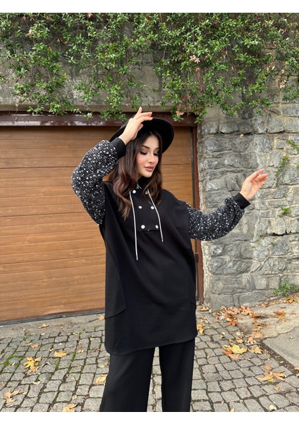 Kadın Siyah Payetli Kol Detaylı Uzun Tunik Kazak Yarım Fermuarlı Bol Kesim