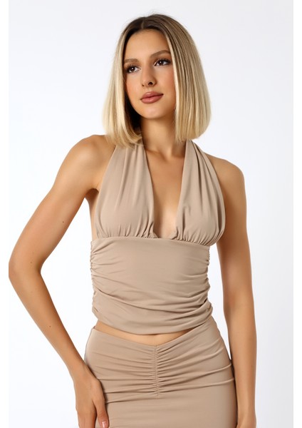 Kadın Boyundan Bağlamalı Crop Büstier -Krop-Bluz / Back-Tıed Crop Blouse