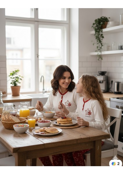 Anne Kız Pijama Takımı Interlok Kumaş %100 Pamuk Uzun Kollu Kışlık Yıldızlı Kırmızı Beyaz modelleri