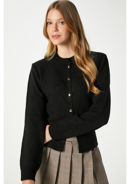 Kadın Donna Yumuşak Dokulu Kalp Düğmeli Siyah Triko Hırka fırsatları