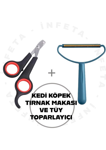 2li Set Kedi Köpek Tırnak Makası ve Çift Taraflı Elbise Tiftik Tüy Toparlayıcı